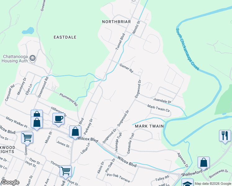 map of restaurants, bars, coffee shops, grocery stores, and more near 3550 Cottonwood Lane in Chattanooga