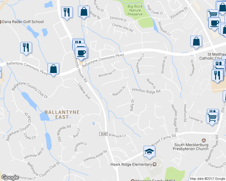 map of restaurants, bars, coffee shops, grocery stores, and more near 8025 Mattson Place in Charlotte