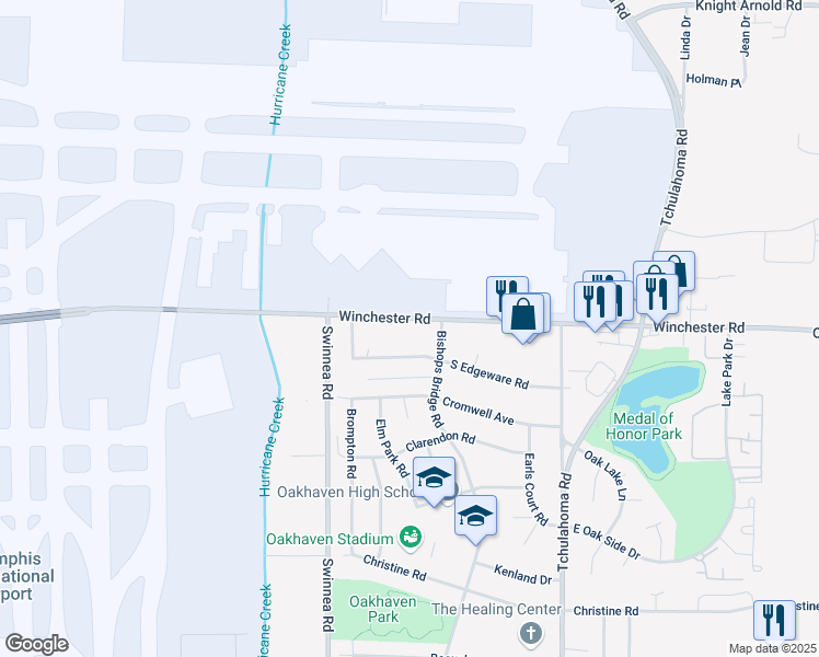 map of restaurants, bars, coffee shops, grocery stores, and more near 3083 Winchester Road in Memphis