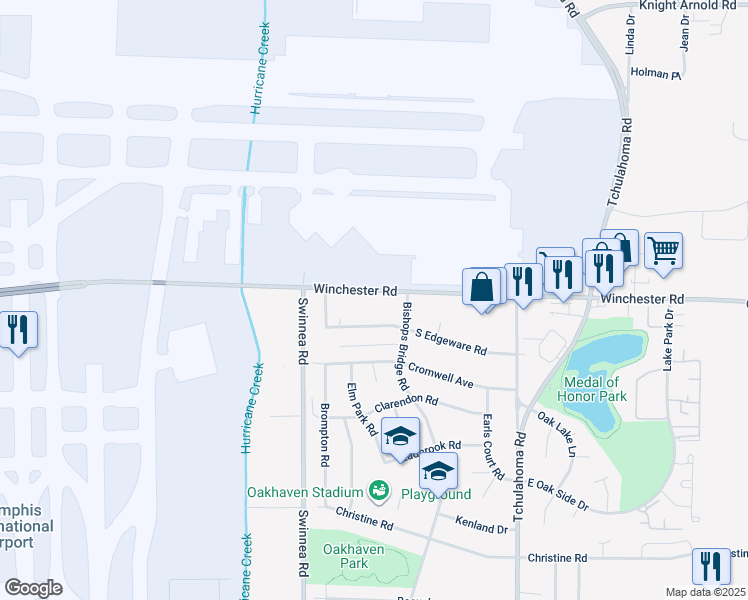 map of restaurants, bars, coffee shops, grocery stores, and more near 3075 Winchester Road in Memphis