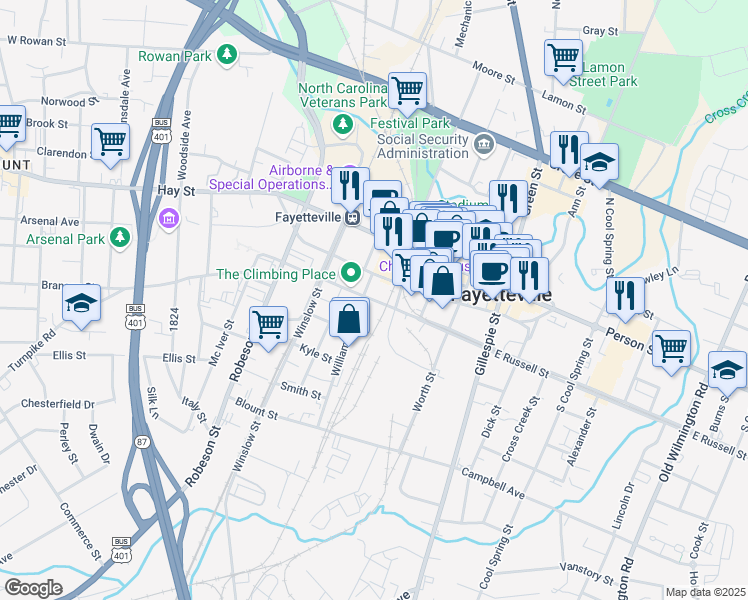 map of restaurants, bars, coffee shops, grocery stores, and more near 412 West Russell Street in Fayetteville