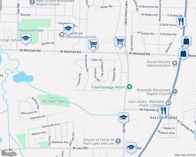 map of restaurants, bars, coffee shops, grocery stores, and more near 3541 Daggett Road in Memphis