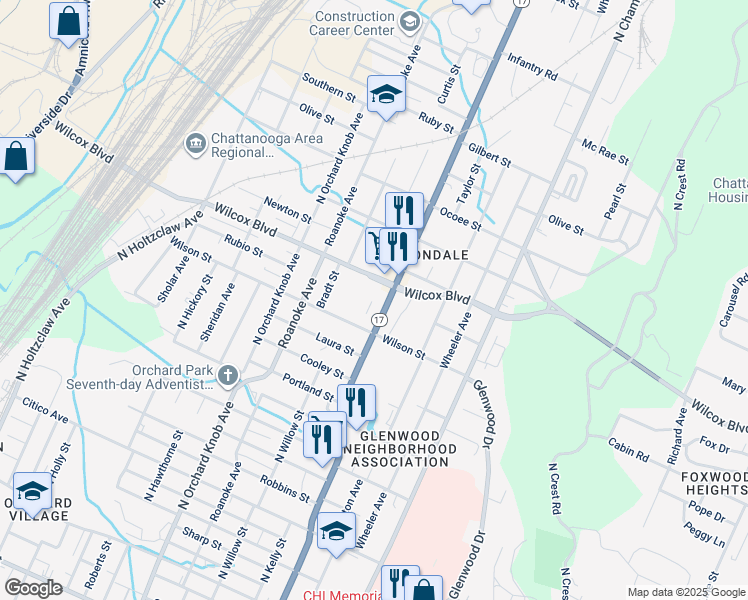 map of restaurants, bars, coffee shops, grocery stores, and more near 1391 Dodson Avenue in Chattanooga
