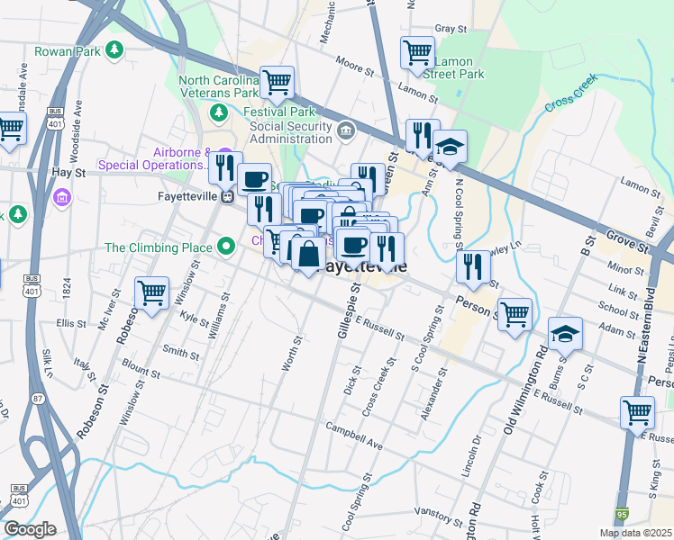 map of restaurants, bars, coffee shops, grocery stores, and more near in Fayetteville