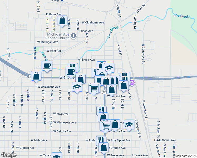 map of restaurants, bars, coffee shops, grocery stores, and more near 124 North 5th Street in Chickasha
