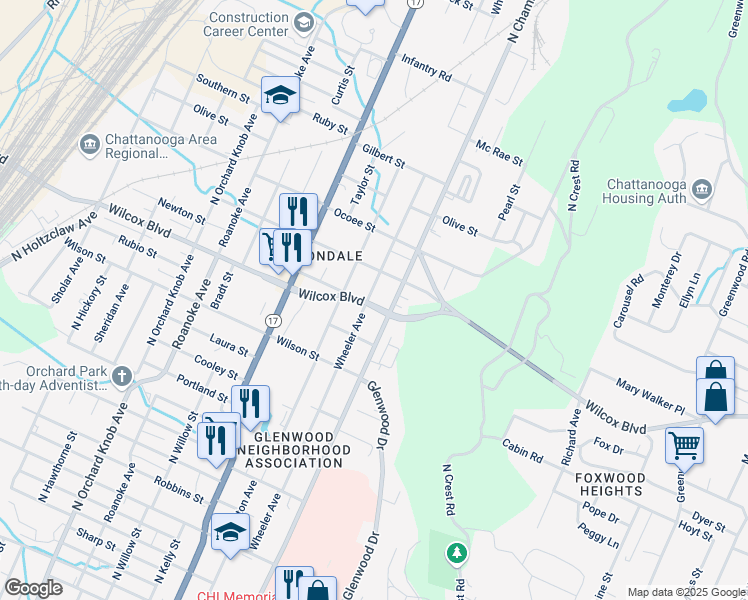 map of restaurants, bars, coffee shops, grocery stores, and more near 1500 Wheeler Avenue in Chattanooga