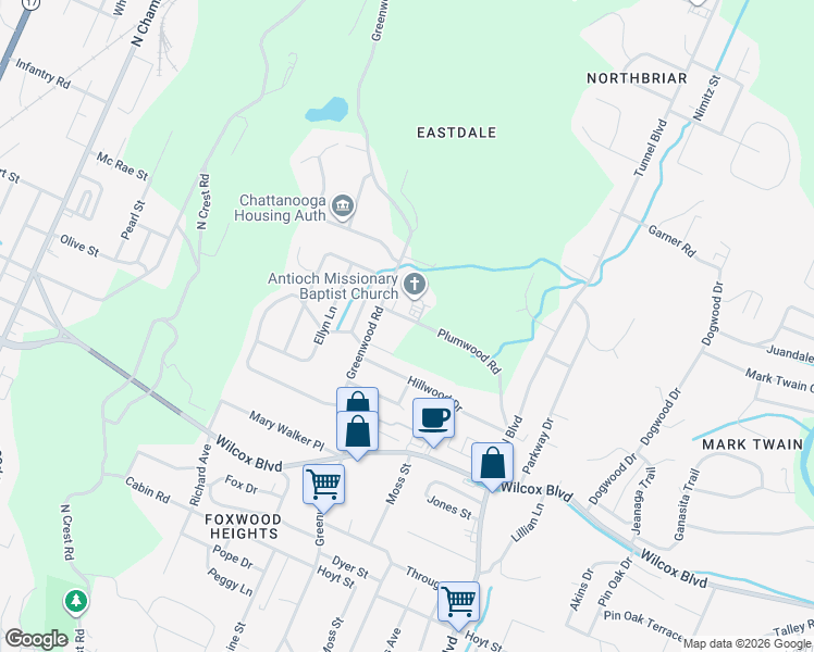 map of restaurants, bars, coffee shops, grocery stores, and more near 3418 Plumwood Road in Chattanooga