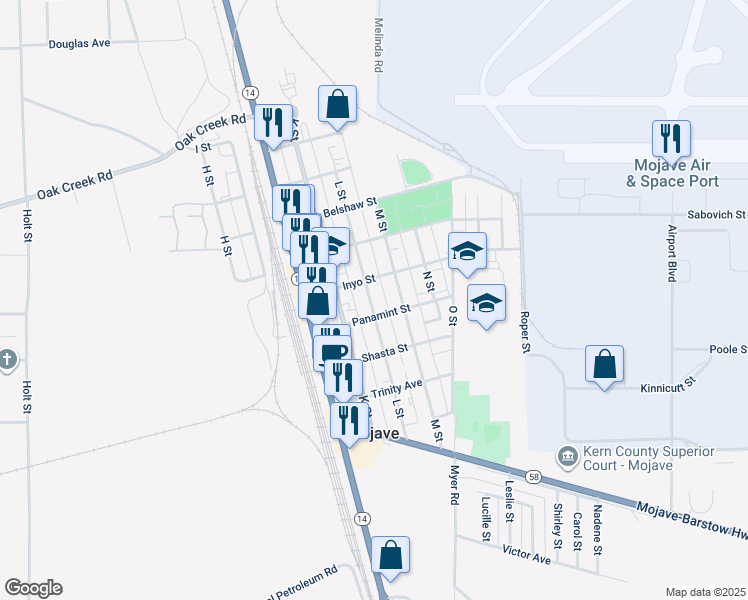 map of restaurants, bars, coffee shops, grocery stores, and more near 2125 Panamint Street in Mojave