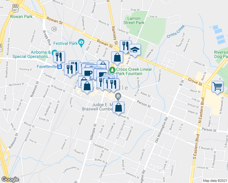 map of restaurants, bars, coffee shops, grocery stores, and more near 145 Person Street in Fayetteville