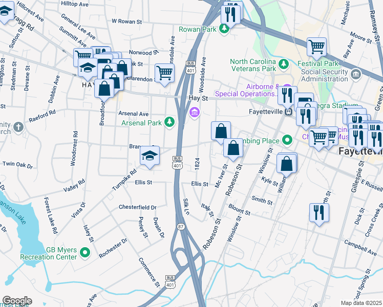 map of restaurants, bars, coffee shops, grocery stores, and more near 310 Bradford Avenue in Fayetteville