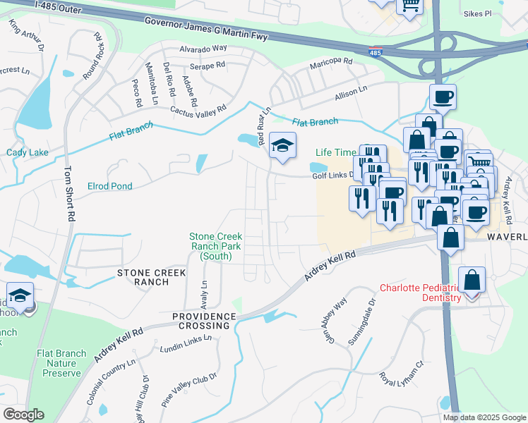 map of restaurants, bars, coffee shops, grocery stores, and more near 11127 Wheat Ridge Road in Charlotte
