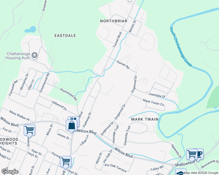 map of restaurants, bars, coffee shops, grocery stores, and more near 3550 Cottonwood Lane in Chattanooga