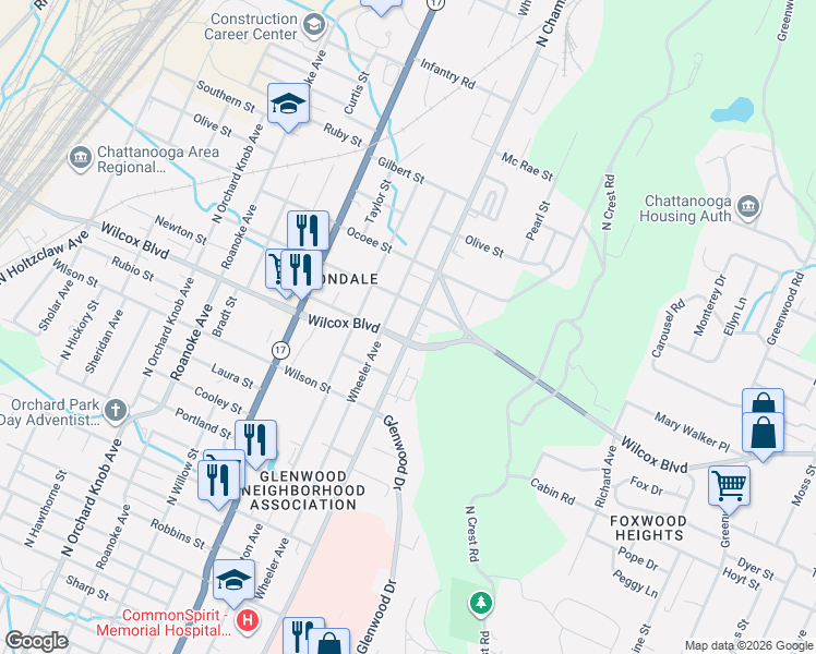 map of restaurants, bars, coffee shops, grocery stores, and more near 1500 Wheeler Avenue in Chattanooga