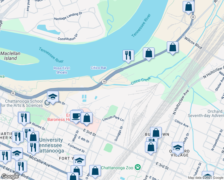 map of restaurants, bars, coffee shops, grocery stores, and more near 950 Riverside Drive in Chattanooga