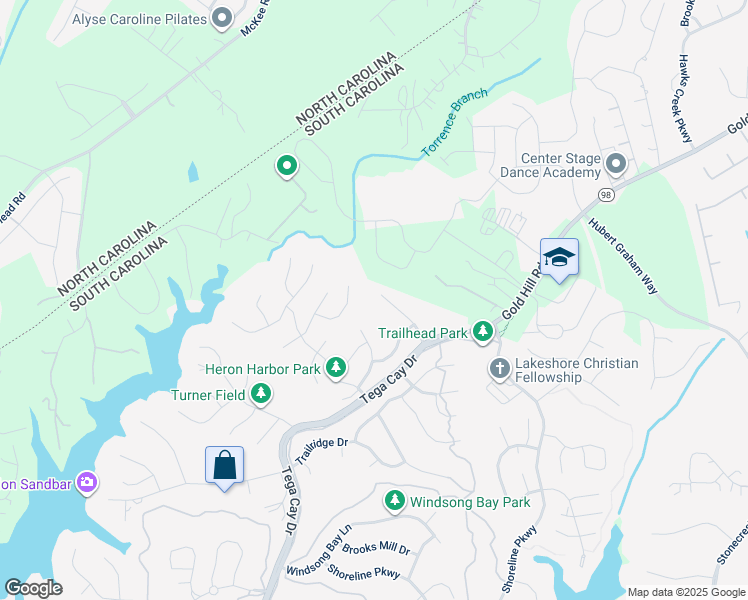 map of restaurants, bars, coffee shops, grocery stores, and more near 151 Amber Woods Drive in Tega Cay