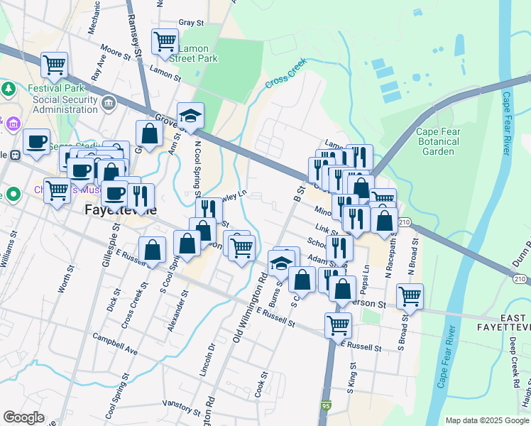 map of restaurants, bars, coffee shops, grocery stores, and more near 421 School Street in Fayetteville