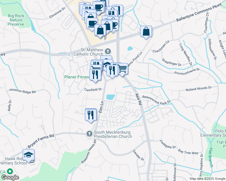 map of restaurants, bars, coffee shops, grocery stores, and more near 4308 Red Blossom Way in Charlotte