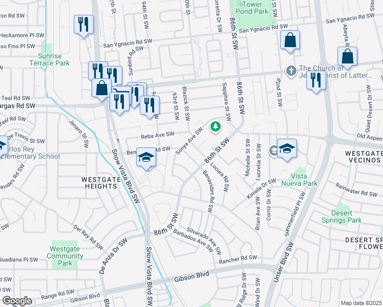 map of restaurants, bars, coffee shops, grocery stores, and more near 9120 Benavides Road Southwest in Albuquerque