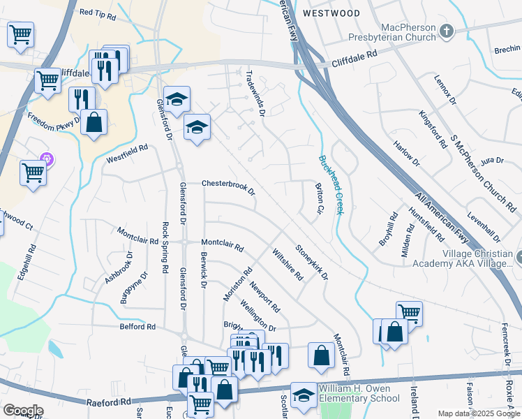 map of restaurants, bars, coffee shops, grocery stores, and more near 683 Stoneykirk Drive in Fayetteville