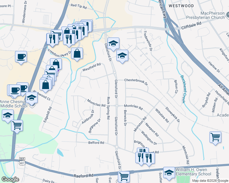 map of restaurants, bars, coffee shops, grocery stores, and more near 625 State Road 1592 in Fayetteville