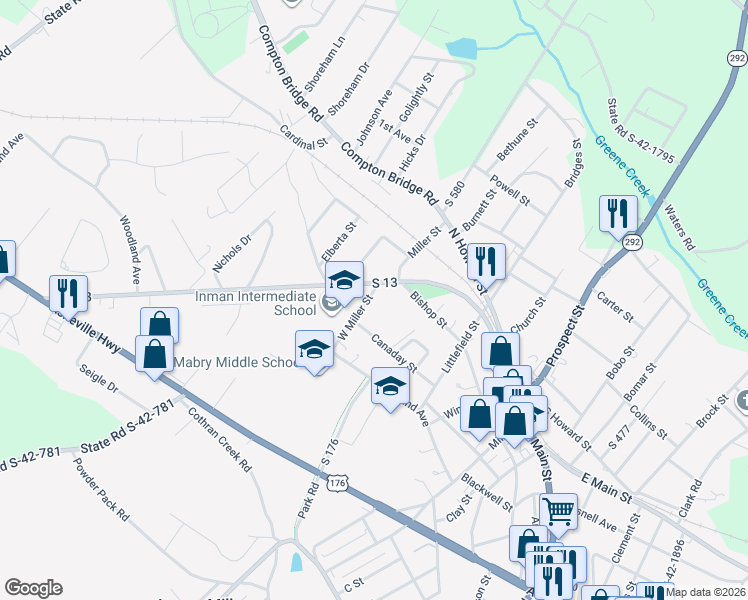 map of restaurants, bars, coffee shops, grocery stores, and more near 7 West Miller Street in Inman