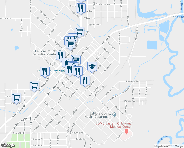 map of restaurants, bars, coffee shops, grocery stores, and more near Parker Avenue & North Walter Street in Poteau