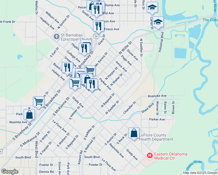 map of restaurants, bars, coffee shops, grocery stores, and more near in Poteau