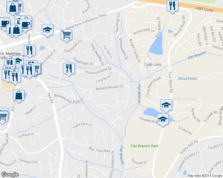 map of restaurants, bars, coffee shops, grocery stores, and more near 7827 Noland Woods Drive in Charlotte