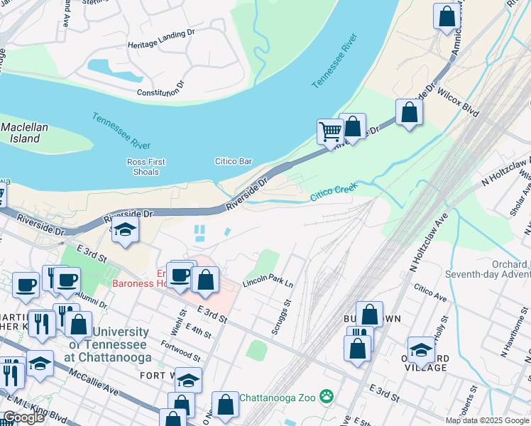 map of restaurants, bars, coffee shops, grocery stores, and more near 950 Riverside Drive in Chattanooga