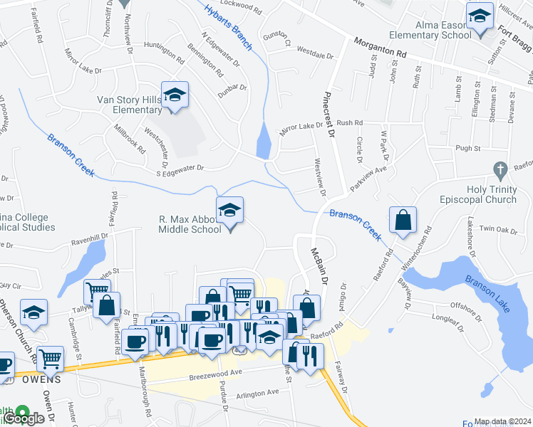 map of restaurants, bars, coffee shops, grocery stores, and more near 579 Winding Creek Road in Fayetteville