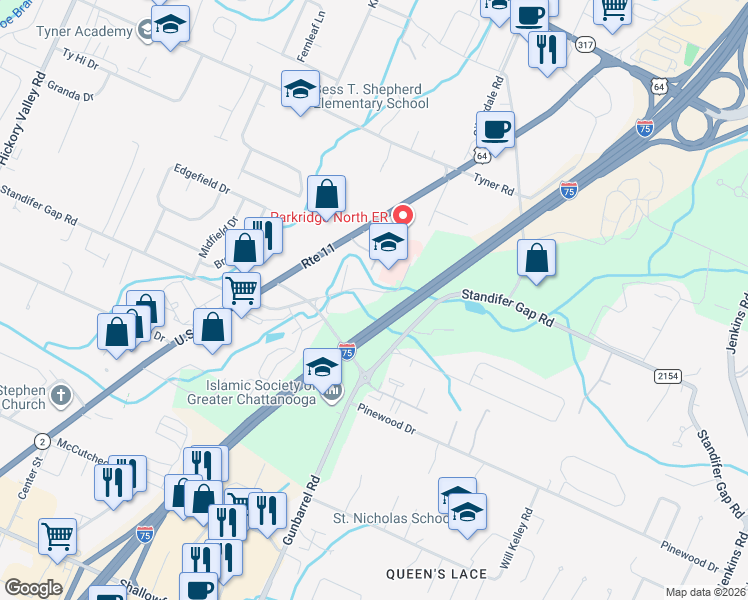 map of restaurants, bars, coffee shops, grocery stores, and more near 7340 Courage Way in Chattanooga