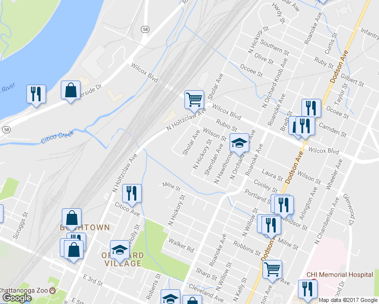 map of restaurants, bars, coffee shops, grocery stores, and more near 1206 Sholar Avenue in Chattanooga
