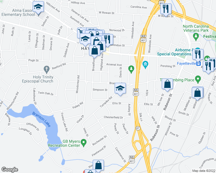 map of restaurants, bars, coffee shops, grocery stores, and more near 1102 Simpson Street in Fayetteville