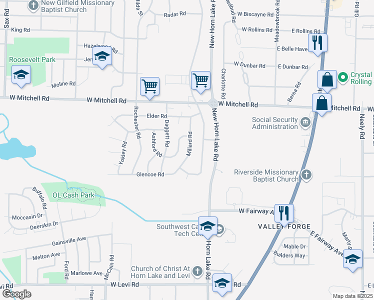 map of restaurants, bars, coffee shops, grocery stores, and more near 3533 Millard Road in Memphis