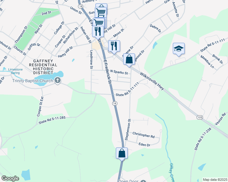 map of restaurants, bars, coffee shops, grocery stores, and more near 1901 East Frederick Street in Gaffney