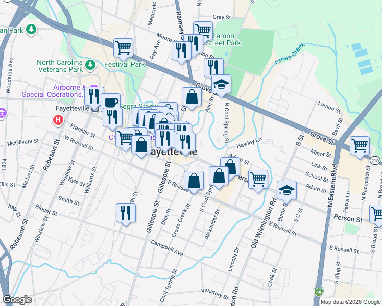 map of restaurants, bars, coffee shops, grocery stores, and more near 157 Bow Street in Fayetteville