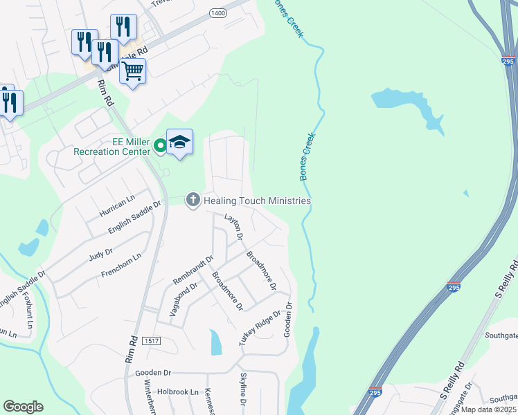 map of restaurants, bars, coffee shops, grocery stores, and more near 4636 Woodline Drive in Fayetteville