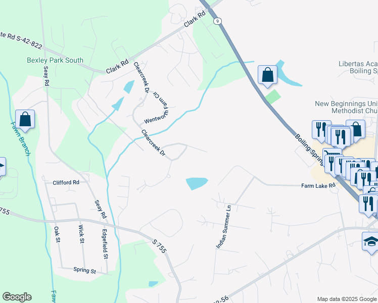 map of restaurants, bars, coffee shops, grocery stores, and more near 210 Clearcreek Drive in Boiling Springs