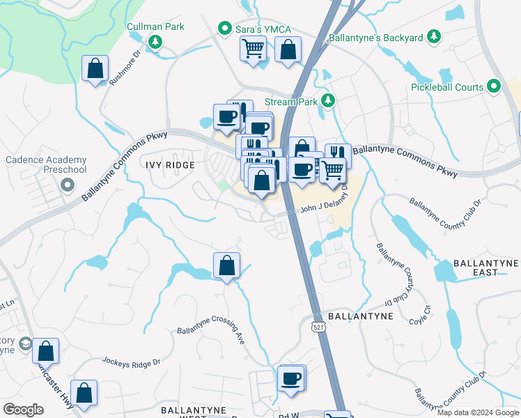 map of restaurants, bars, coffee shops, grocery stores, and more near 15021 Santa Lucia Drive in Charlotte