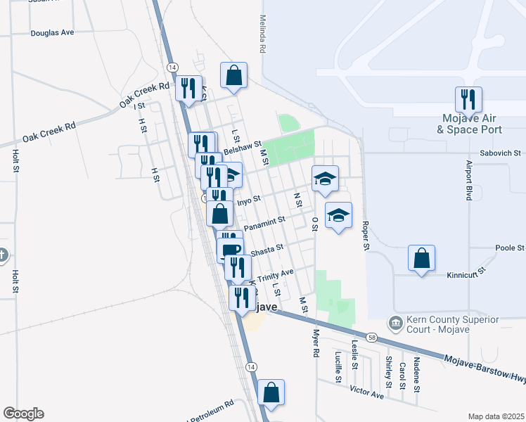 map of restaurants, bars, coffee shops, grocery stores, and more near 2125 Panamint Street in Mojave