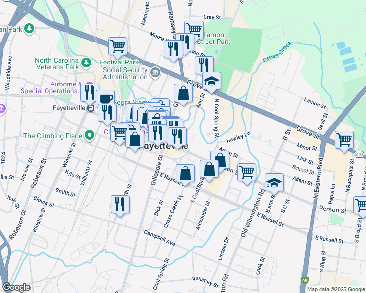 map of restaurants, bars, coffee shops, grocery stores, and more near 157 Bow Street in Fayetteville