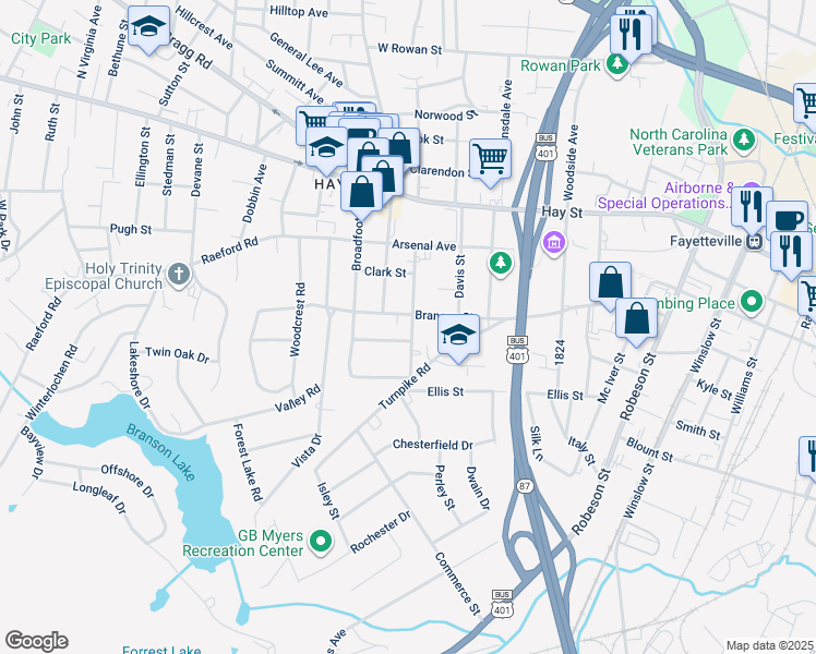 map of restaurants, bars, coffee shops, grocery stores, and more near 1102 Simpson Street in Fayetteville