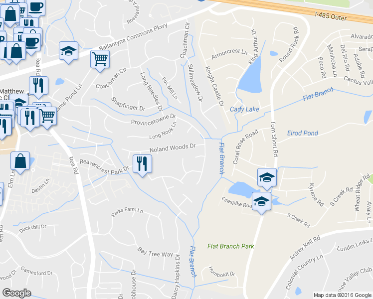 map of restaurants, bars, coffee shops, grocery stores, and more near 7819 Noland Woods Drive in Charlotte