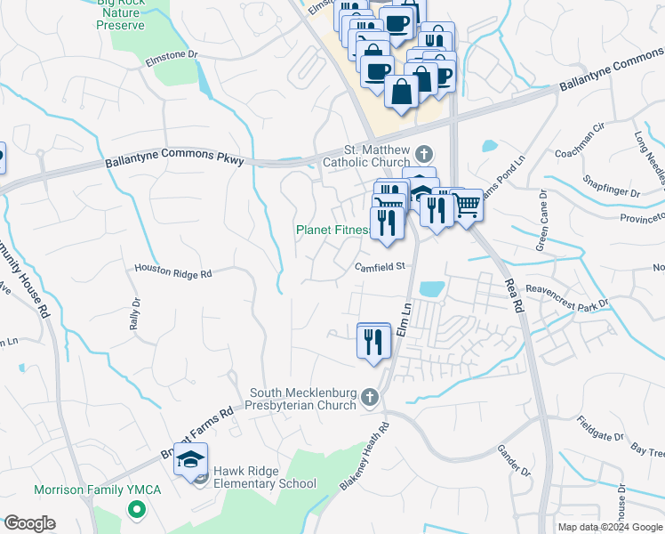 map of restaurants, bars, coffee shops, grocery stores, and more near 8408 Southgate Commons Drive in Charlotte