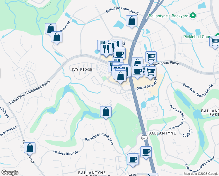 map of restaurants, bars, coffee shops, grocery stores, and more near 11534 Costigan Lane in Charlotte