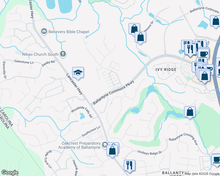 map of restaurants, bars, coffee shops, grocery stores, and more near 11347 Deer Ridge Lane in Charlotte