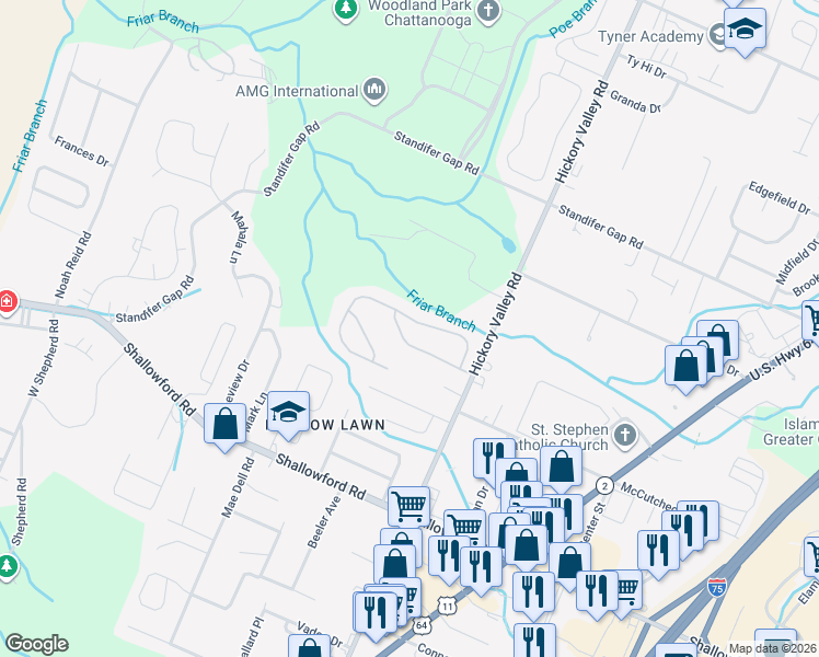 map of restaurants, bars, coffee shops, grocery stores, and more near 6734 Hickory Creek Road in Chattanooga