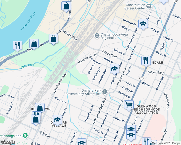 map of restaurants, bars, coffee shops, grocery stores, and more near 1206 Sholar Avenue in Chattanooga