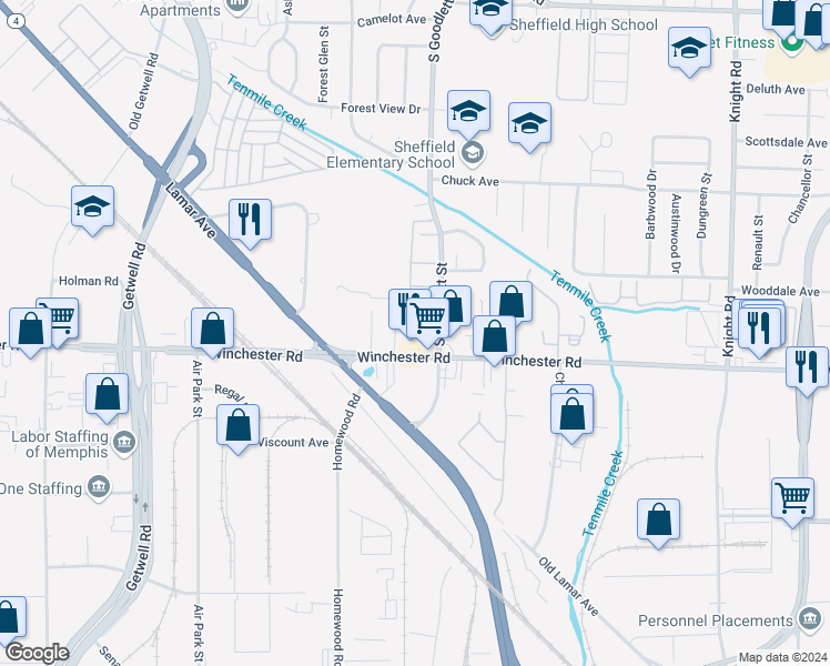 map of restaurants, bars, coffee shops, grocery stores, and more near 4202 Winchester Road in Memphis