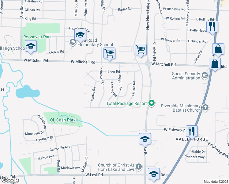 map of restaurants, bars, coffee shops, grocery stores, and more near 3541 Daggett Road in Memphis